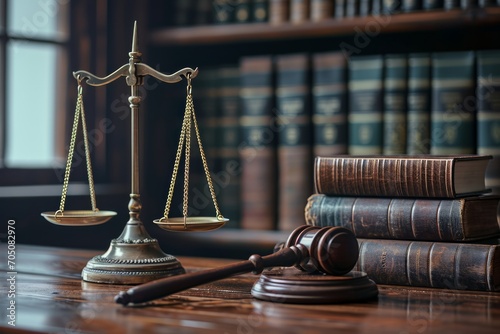 A classic legal office setting with a balance scale, gavel, and law books on a wooden desk. photo