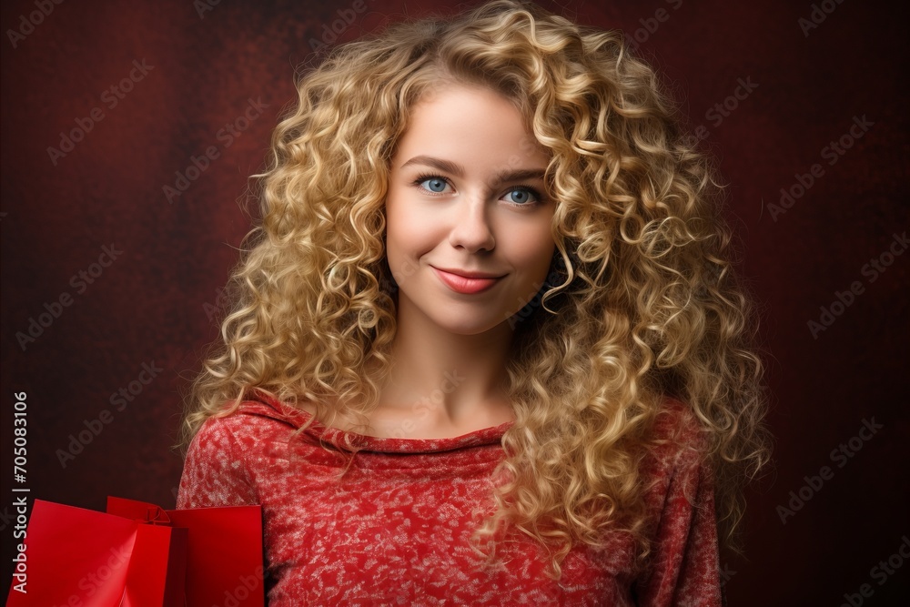 Happy woman holding red shopping bag on green background, copy space for advertising