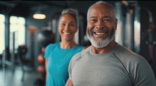 smile of African couple in gym. 
