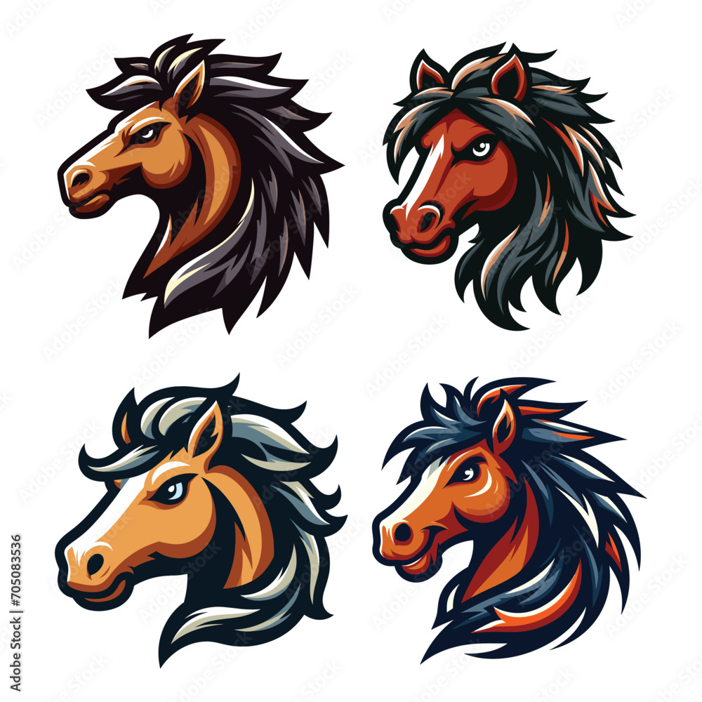 set of brave strong animal horse head face mascot design vector illustration, logo template isolated on white background set of brave strong animal horse head face mascot design vector illustration, logo template isolated on white background