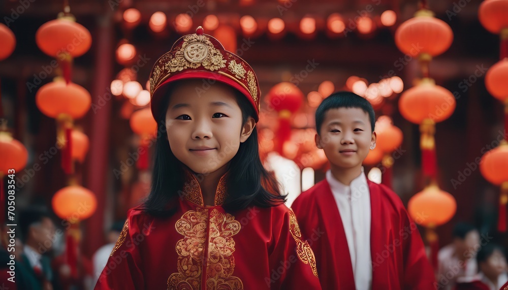 potrait Chinese family celebrating Chinese new year at chinese temple