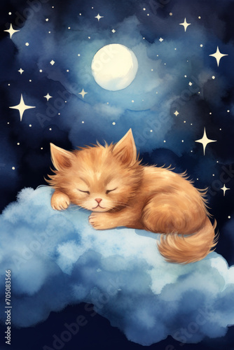 Cute kitten sleeping on a cloud watercolor drawing. Generative AI