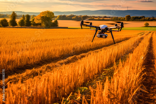 Drone over wheat fields, using tech to monitor agriculture. A futuristic stock photo capturing the efficiency of new technologies in food production