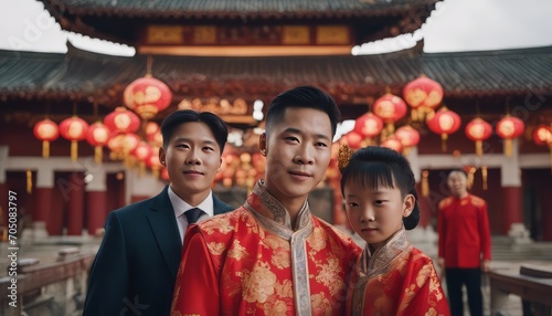 potrait Chinese family celebrating Chinese new year at chinese temple