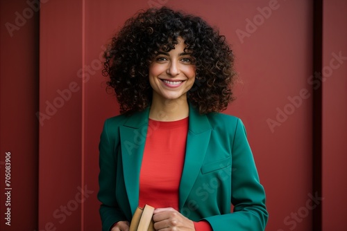 Cheerful young woman holding red shopping bag against green background with copy space