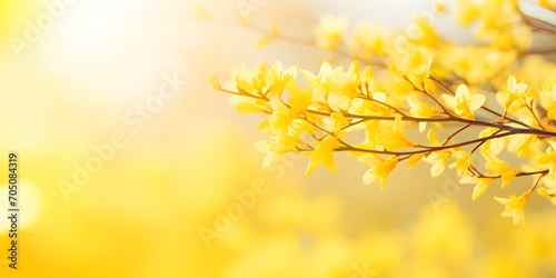 flowering forsythia in springtime sunshine, floral spring background banner concept with copy space and defocused lights in saturated yellow color