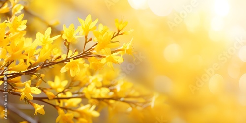 flowering forsythia in springtime sunshine, floral spring background banner concept with copy space and defocused lights in saturated yellow color © Ziyan Yang