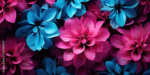 Vivid magenta and cyan petals intertwine  creating an otherworldly  fluorescent floral display