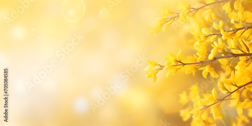 flowering forsythia in springtime sunshine  floral spring background banner concept with copy space and defocused lights in saturated yellow color