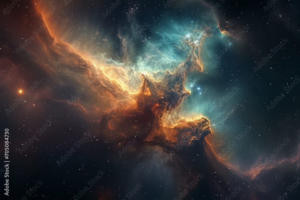 A dramatic nebula in space, with swirling clouds of gas and dust illuminated by starlight.