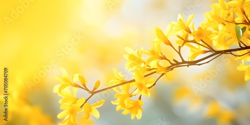 flowering forsythia in springtime sunshine  floral spring background banner concept with copy space and defocused lights in saturated yellow color
