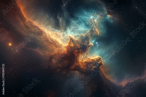 A dramatic nebula in space  with swirling clouds of gas and dust illuminated by starlight.