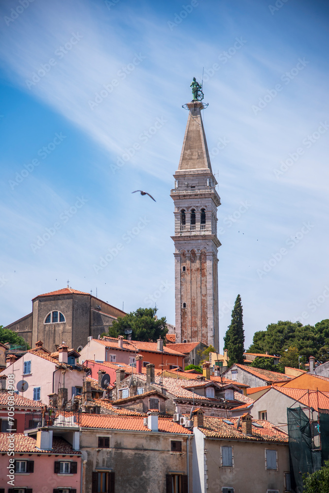 The tower of the Church of St. Euphemia in Croatia towers over the city