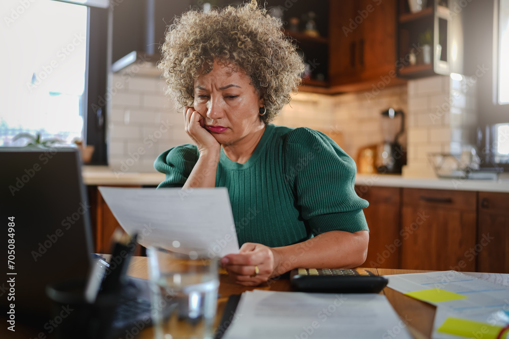 A mature entrepreneur woman working on a computer at home. Woman small business owner. Woman working on a computer, calculating monthly expenses, and mortgage payments, doing home budgeting A mature entrepreneur woman working on a computer at home. Woman small business owner. Woman working on a computer, calculating monthly expenses, and mortgage payments, doing home budgeting