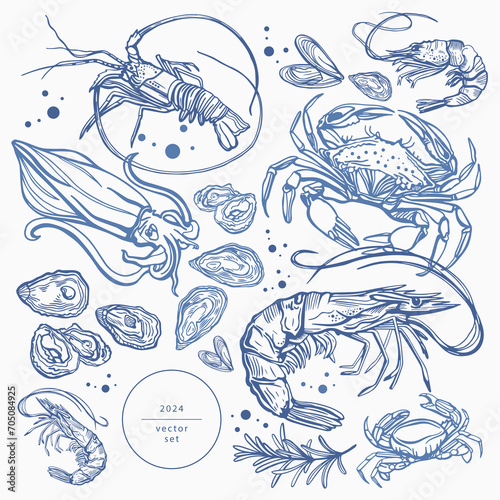 Hand drawn isolated vector set of seafood. Shrimps, langoustines, prawns, salmon, trout, oysters, mussels, squid, crab. Food vintage illustration and template on a white background.