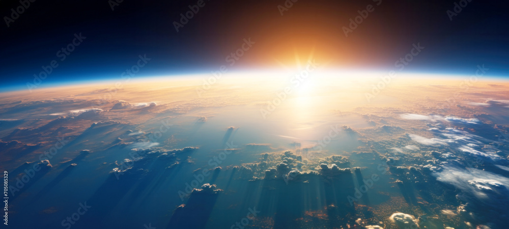 Earth as seen from space, Sunrise view of the planet Earth from space over the horizon, sun reflected on an ocean Earth as seen from space, Sunrise view of the planet Earth from space over the horizon, sun reflected on an ocean