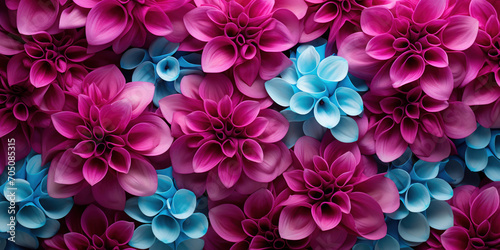 Vivid magenta and cyan petals intertwine  creating an otherworldly  fluorescent floral display
