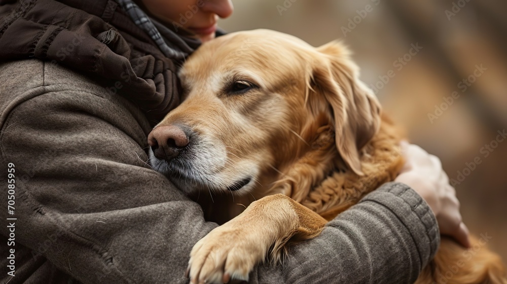 A dog lovingly wraps its paws around a person made with Ai generative technology A dog lovingly wraps its paws around a person made with Ai generative technology