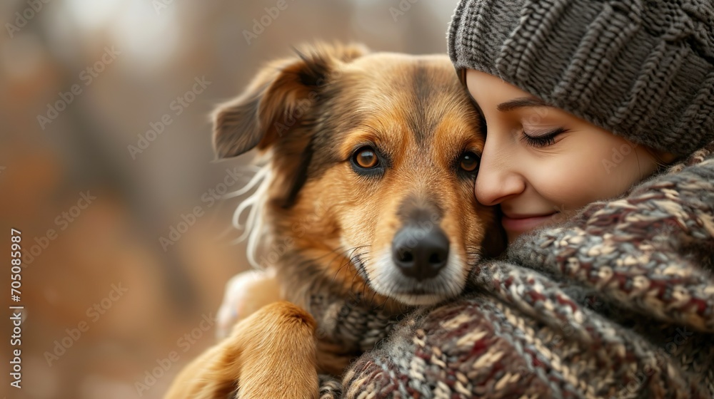 A dog lovingly wraps its paws around a person made with Ai generative technology A dog lovingly wraps its paws around a person made with Ai generative technology