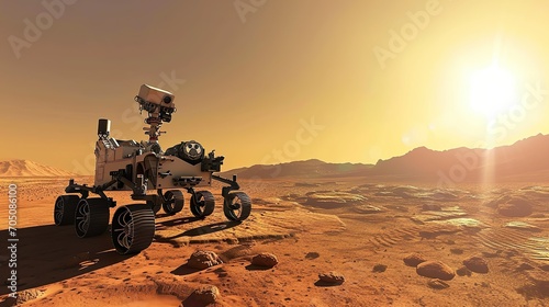 An AI-powered rover exploring the surface of Mars made with Ai generative technology, property is fictional