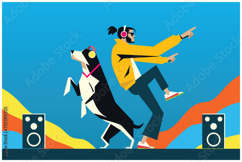 playful fun outdoor concept, man dance with dog, colorful music background, hip-hop, mambo, salsa, pop culture, 