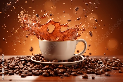 Cup of Coffee with Splashes and Flying Coffee Beans on Brown Background, Copy Space