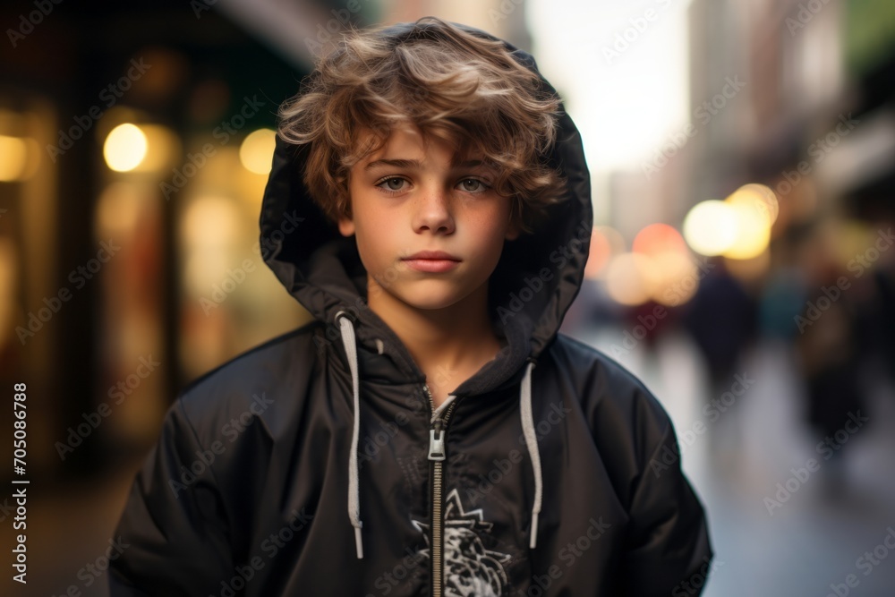 Portrait of a young boy wearing hoodie in the city.