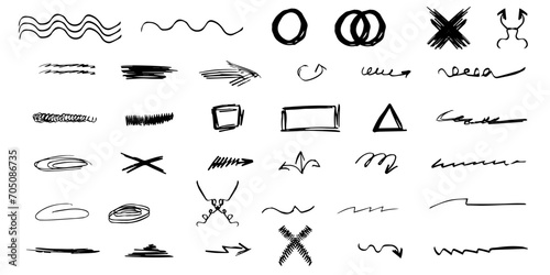 Big set Doodle Hand Drawn elements isolated on white background. Doodle brush collection. Arrow  geometric shape and underline. Vector illustration. EPS 10