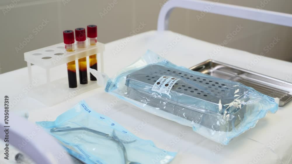 2020-01-14 - Mariupol, Ukraine. Dentamia Dental Clinic. Test tubes with blood sample. Test tubes with blood plasma for plasmolifting, PRP therapy. Blood tests for virus detection. Sterile instruments.