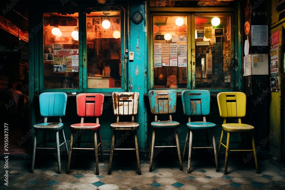 Vibrant chairs neatly arranged in front of a kiosk amidst a bustling suburban slum
