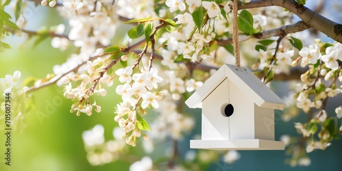 hanging birdhouse in white flowering branches in spring, natural scene in springtime, concept for protecting environment, idyllic nature, decoration in easter season