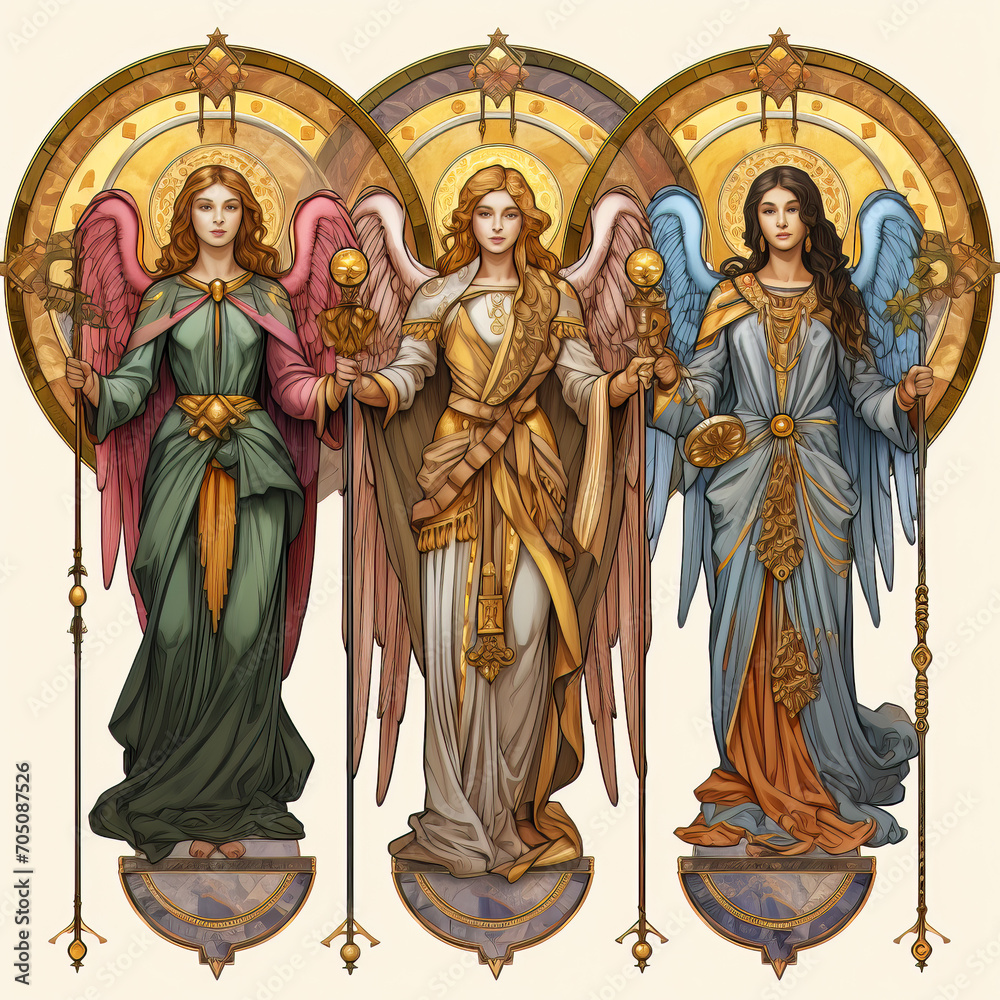 Three archangels on a simulation of a stained glass window, AI Generated