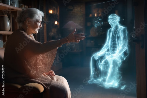 An image of a woman engaging in communication with an AI, presented as a holographic interface.