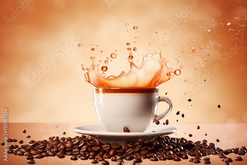 Coffee Bliss. Tantalizing Cup with Splashes and Flying Beans, Light Brown Background