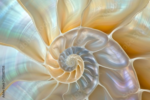 Iridescent Nautilus Shell Artistry. A macro view of a nautilus shell's iridescent inner spiral and natural artistry.