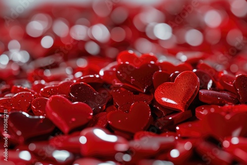 A pile of red hearts sitting on top of a table. Perfect for expressing love and affection.