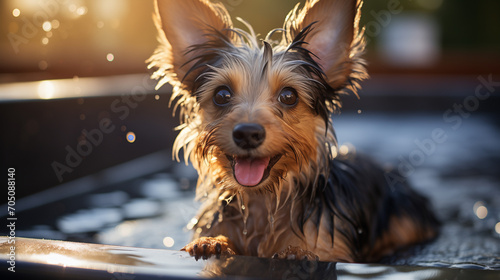 A little dog being bathed and cleaned in a water-filled tub. The owner is holding a Yorkshire terrier. The idea of taking good care of your