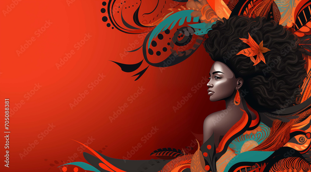 Black History Month poster, copy space. Illustration of a beautiful black woman.