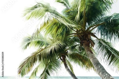 A painting of two palm trees on a beach. Can be used to create a tropical and relaxing atmosphere