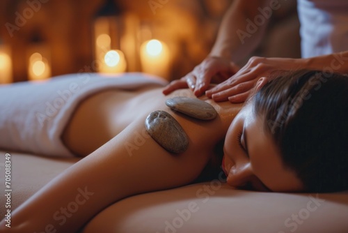 Woman receiving a relaxing back massage at a spa. Perfect for promoting wellness and self-care