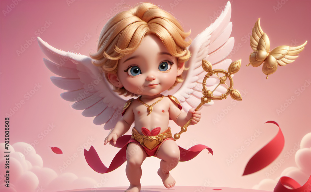 baby cupid with white wing cloud background red rose baby cupid with white wing cloud background red rose