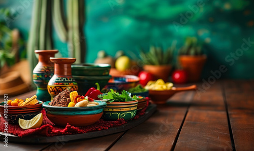 Festive Mexican culinary setup with vibrant ceramic dishes, traditional decorations, cactus, and bright colors celebrating Hispanic heritage and cuisine photo