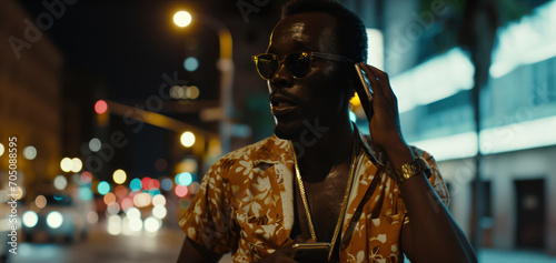 Portrait of a happy african man posing in the street in the evening, nightlife