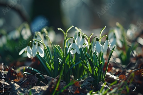 Snowdrops blooming in a field of fallen leaves. Ideal for nature and spring-themed designs