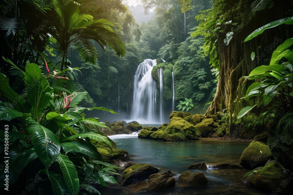 A serene tropical rainforest with a waterfall and lush vegetation.