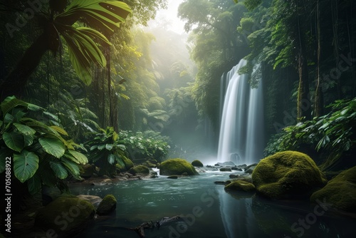 A serene tropical rainforest with a waterfall and lush vegetation. © ParinApril