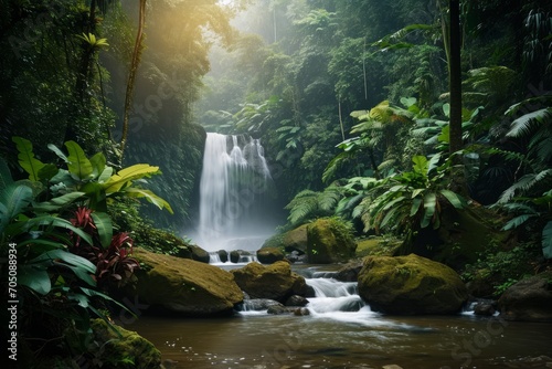 A serene tropical rainforest with a waterfall and lush vegetation.