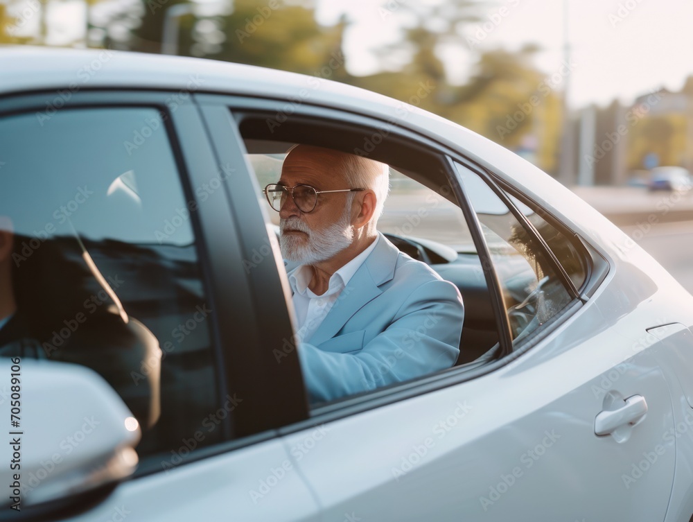Naklejka premium a happy stylish caucasian man in light blue suit is driving white car, Sale transport concept.