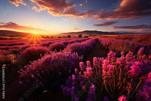 Beautiful lavender field with long purple rows at sunset in France, Generative AI