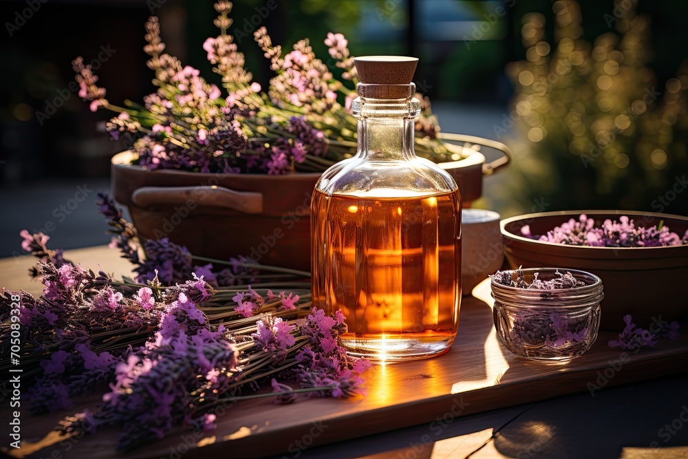Lavender essential oil with lavender flowers on a rustic wooden background with copyspace. A glass bottle with a cork with buds infusing, Generative AI Lavender essential oil with lavender flowers on a rustic wooden background with copyspace. A glass bottle with a cork with buds infusing, Generative AI